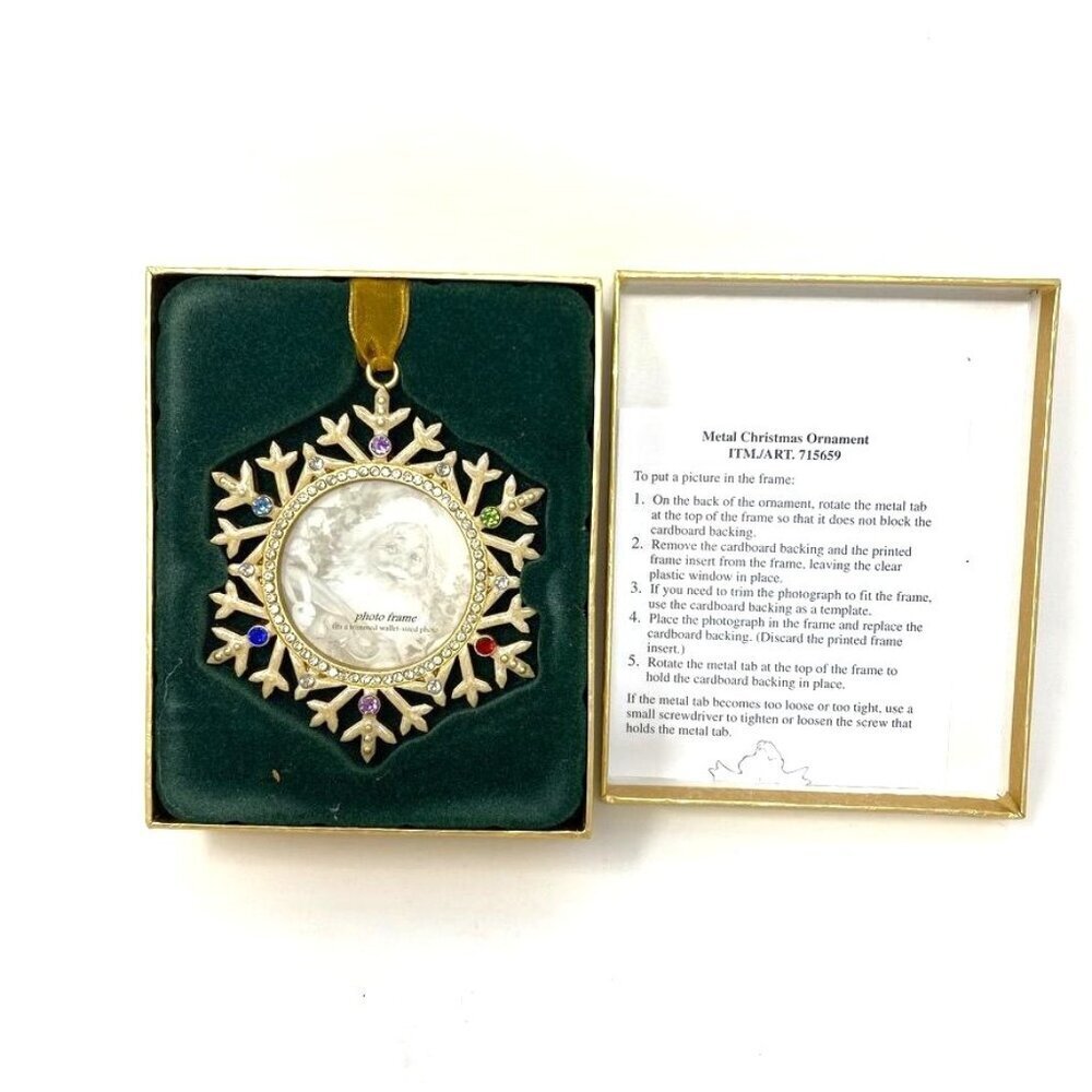 Costco Jeweled Gold Tone Picture Frame Snowflake Ornament Christmas Tree. J2